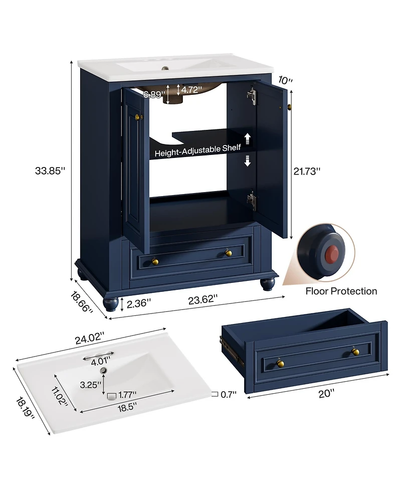 Tribesigns 24" Modern Freestanding Solid Wood Bathroom Vanity with Ceramic Sink, Adjustable Shelf Storage, Soft-Close Cabinet & Drawer