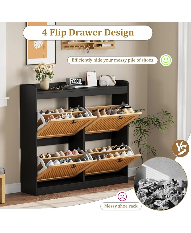 gaomon Shoe Cabinet with 4 Deep Flip Drawers, Base Freestanding Wooden Shoe Storage Cabinet with Rattan Door & 3 Tier Adjustable Shelves