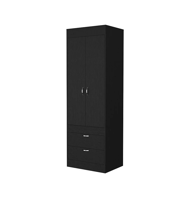 Flynama Armoire with Double Door Cabinet Two Drawers Hanging Rod Black Manufactured Wood 70.47inch High Bedroom Storage Organizer