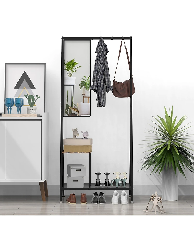 Rainsken Coat Rack with Mirror, Industrial Style Multifunctional Hall Tree with Shelf, Hooks for Living Room, Entryway, Hallway