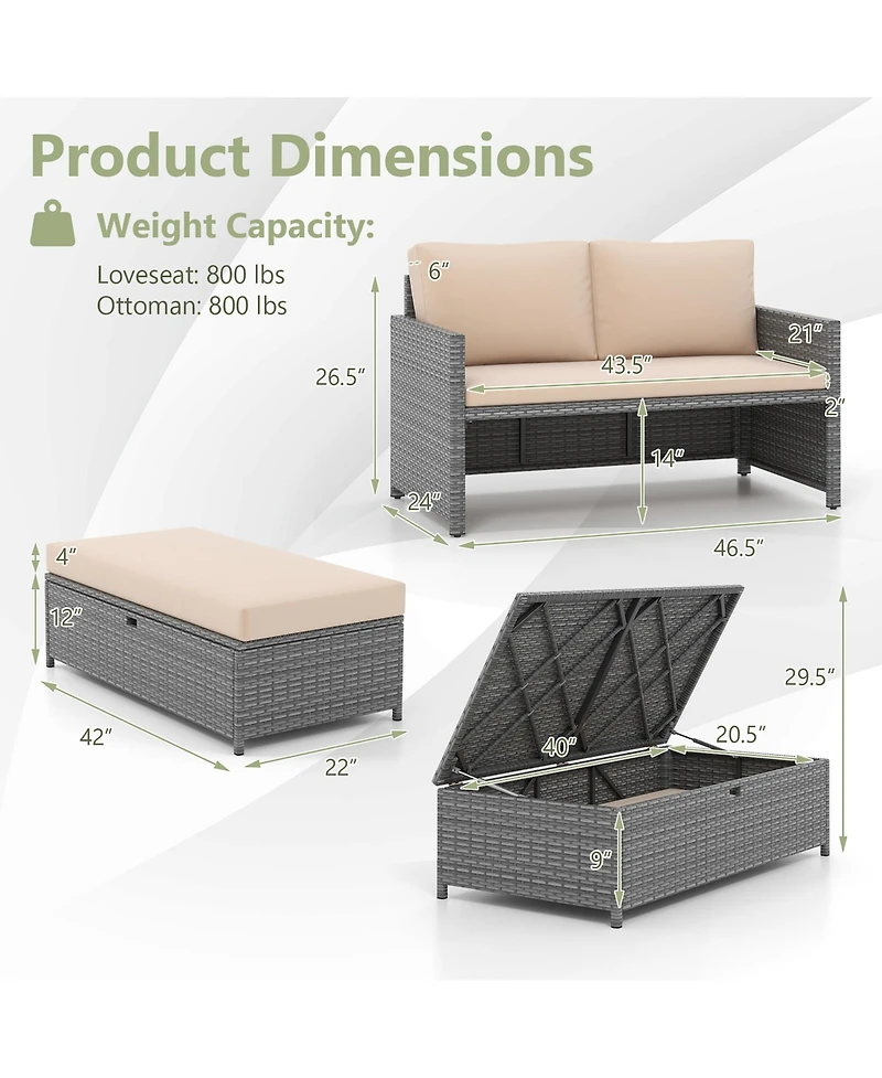 Gymax 2 Pcs Patio Loveseat w/ 31 Gal Multifunctional Storage Ottoman and Soft Cushions