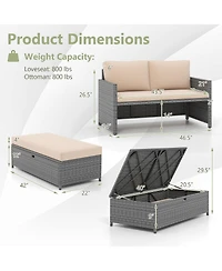 Gymax 2 Pcs Patio Loveseat w/ 31 Gal Multifunctional Storage Ottoman and Soft Cushions