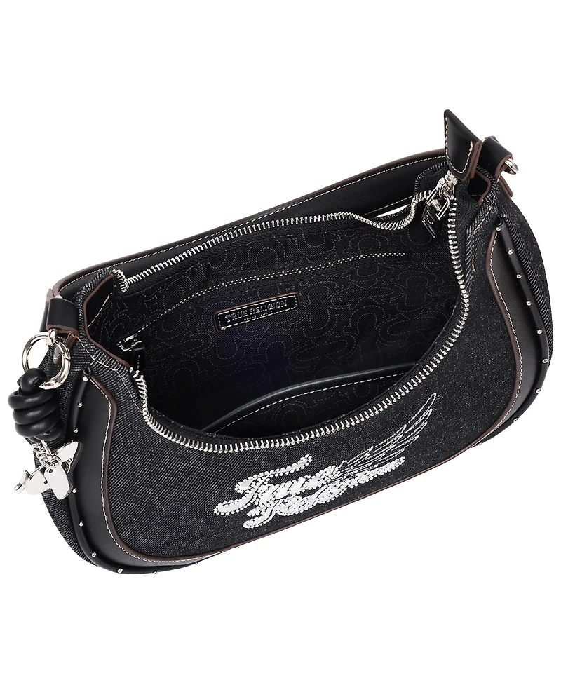 True Religion Wing Motif Denim Hobo Bag with Red Trim
