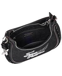 True Religion Wing Motif Denim Hobo Bag with Red Trim