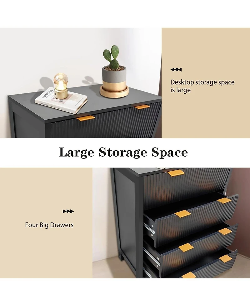 gaomon 4 Drawer Dresser, Waveform Fluted Panel Wood Dresser, Modern Dressers for Storage Drawers for Bedroom, Closet Living Room
