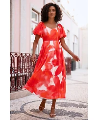 Yumi Women's Floral Midi Dress With Puff Sleeves