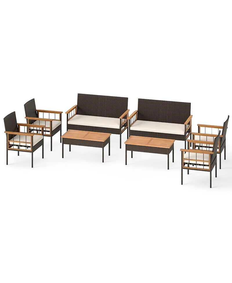Gymax Set of 8 Wicker Furniture Set w/Acacia Wood Tabletop Armrests Cushions for Backyard
