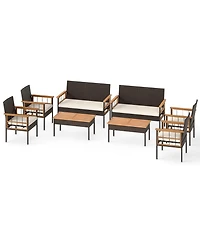 Gymax Set of 8 Wicker Furniture Set w/Acacia Wood Tabletop Armrests Cushions for Backyard