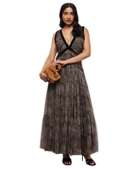 Warehouse Women's Velvet Trim Leopard Tulle Maxi Dress