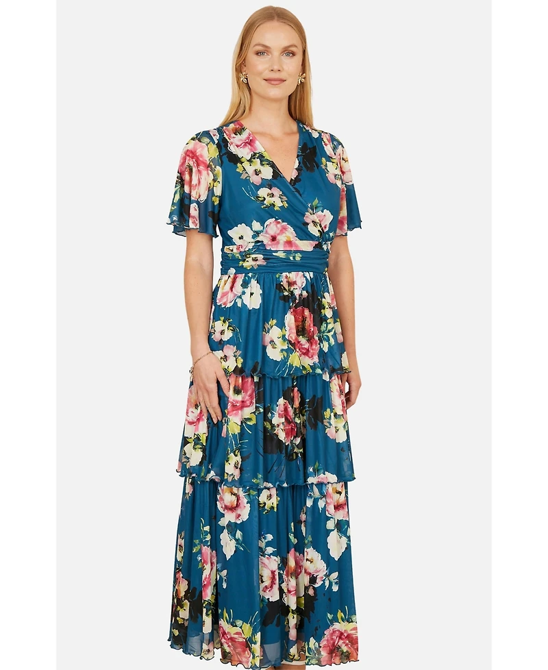 Yumi Women's Floral Mesh Tiered Maxi Dress