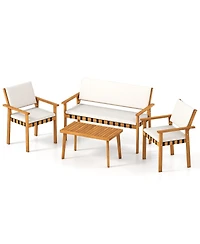 Gymax Set of 4 Wood Furniture Set w/Coffee Table Seat Back Cushions for Backyard Porch