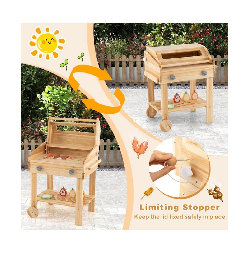 Hongge Kids Wooden Barbecue Grill Playset Pretend Kitchen with Food and Wheels
