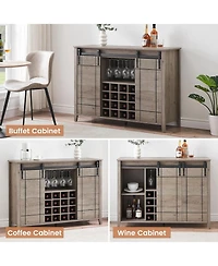 gaomon Farmhouse Bar Cabinet with Sliding Barn Doors, Rustic Liquor & Coffee Station with Wine Glass Racks & Adjustable Shelves