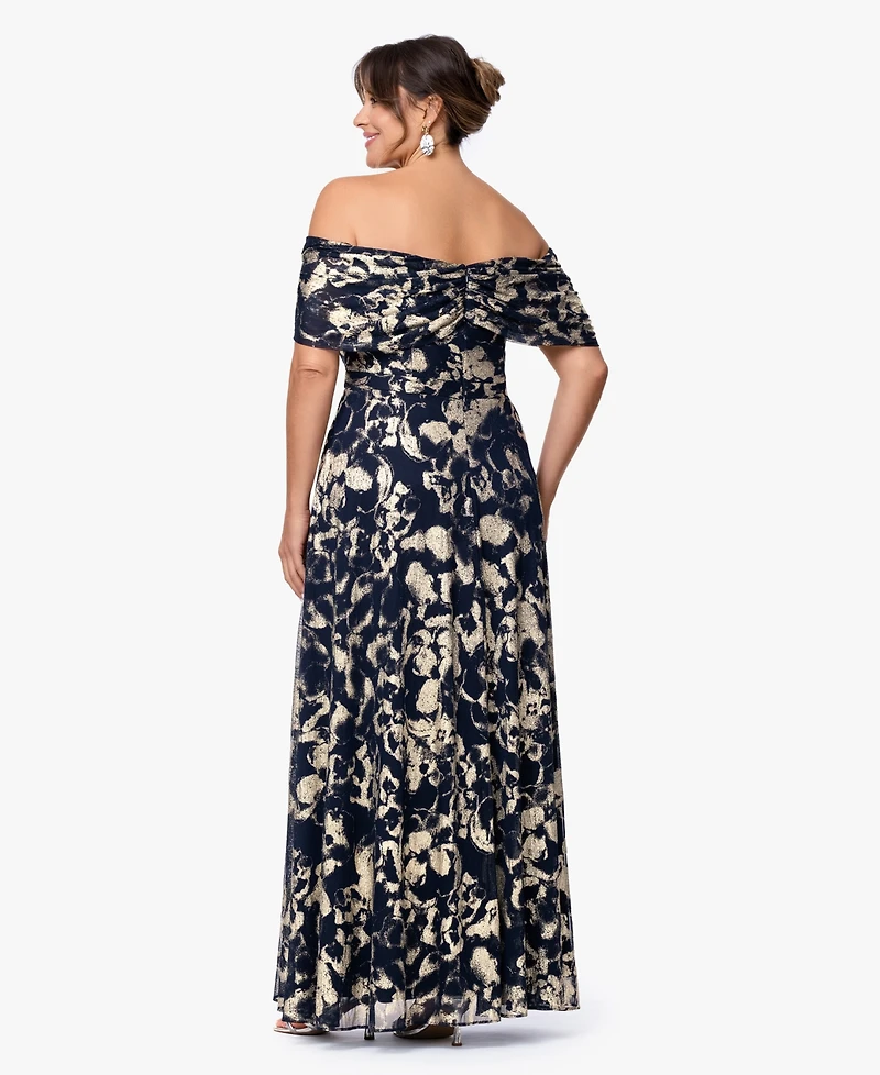 Betsy & Adam Plus Printed Off-The-Shoulder Ball Gown