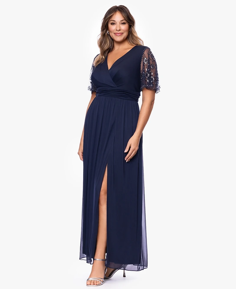 Xscape Plus Beaded Sleeve Slit Gown