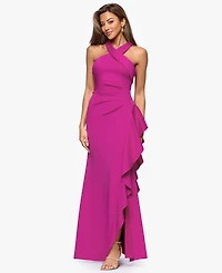 Xscape Petite Cross-Neck Ruffle Gown