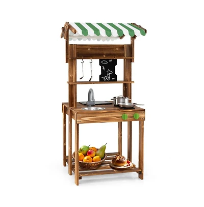 Hongge Double Sided Mud Kitchen with Canopy and Chalkboard for 3+ Years Old