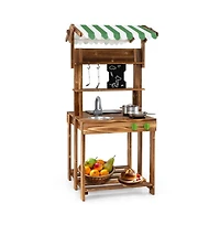 Hongge Double Sided Mud Kitchen with Canopy and Chalkboard for 3+ Years Old