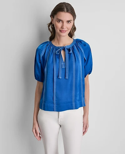 Dkny Women's Puff-Sleeve Top Stitch Tie Front Blouse