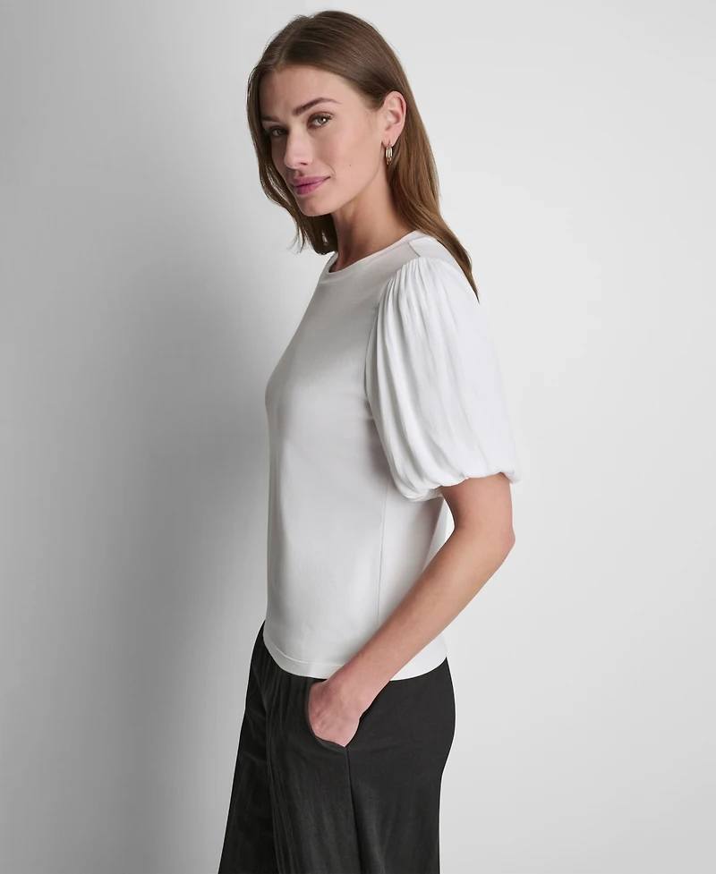 Dkny Women's Puffed Crewneck Mix Media Knit Top