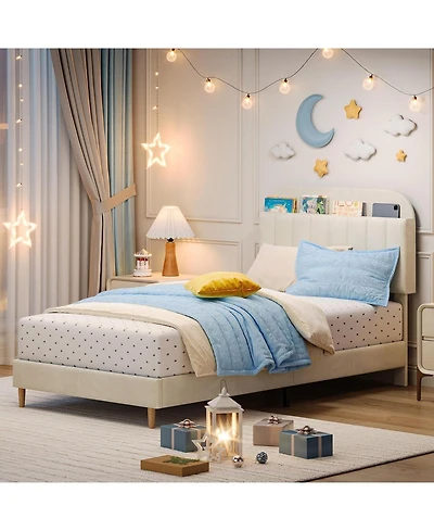 gaomon Full Bed Frame Storage Headboard Velvet Upholstered Platform Bed Kids Wood Slats Noise Free