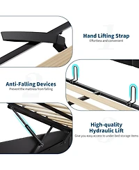 Queen Bed Frame with Lift Up Storage and Led Upholstered Storage Headboard Charging Metal Platform Bed Wood Slats No Box Spring