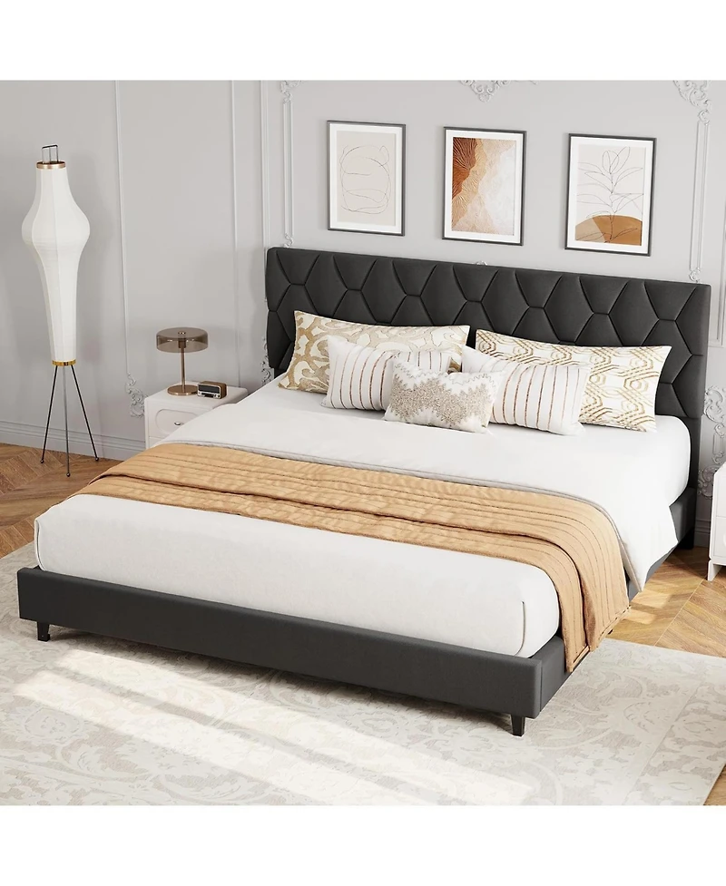 gaomon King Platform Bed Frame with Upholstered Headboard and Wood Slats Upholstered Foundation No Box Spring Needed