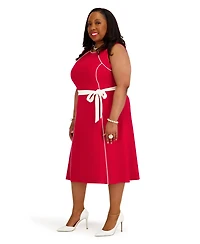 Kasper Women's Contrast Seam with Sash Crewneck Midi Dress