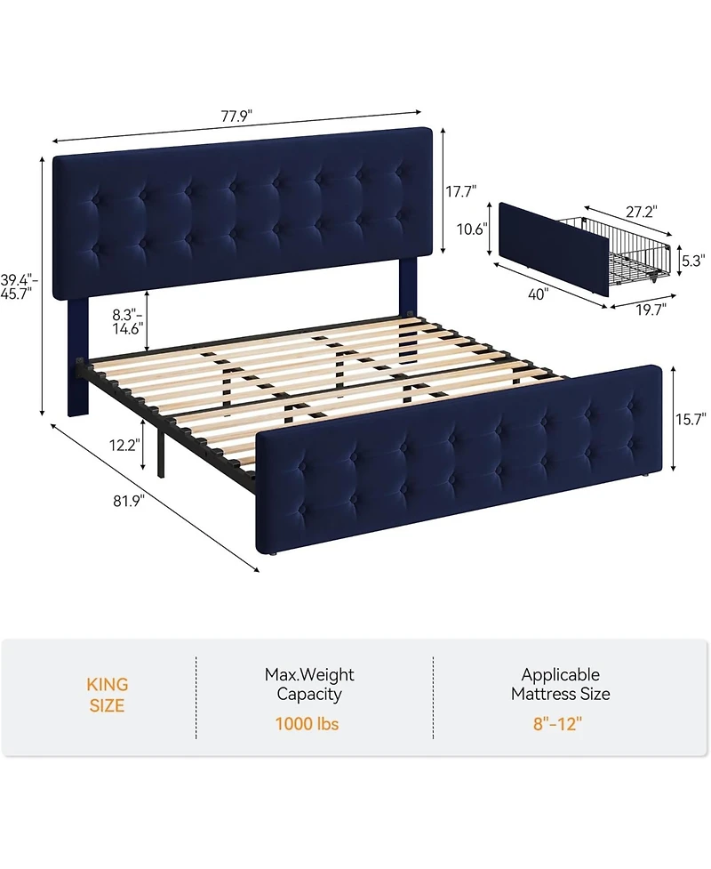 gaomon King Bed Frame With 4 Drawers Velvet Upholstered Headboard Button Design Wood Slats No Box Spring