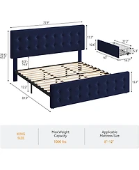 gaomon King Bed Frame With 4 Drawers Velvet Upholstered Headboard Button Design Wood Slats No Box Spring