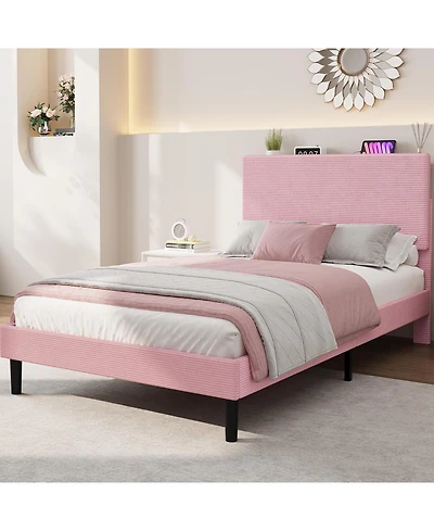 gaomon Twin Size Corduroy Mdf Bedhead Storage Soft Package Bed, Pink Upholstered Bed Frame, Spacious Storage, Comfortable Mattress