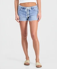 Vanilla Star Juniors' Embroidered Seashell Tie-Waist Denim Shorts