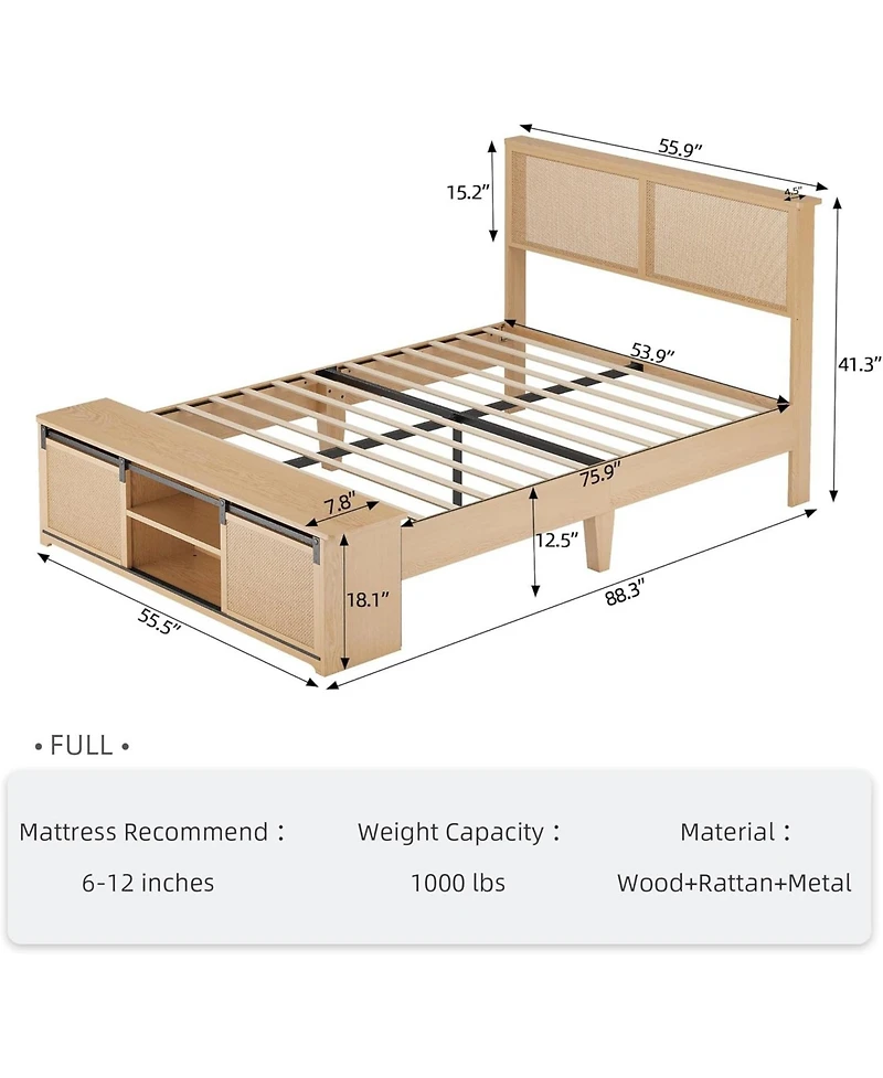 gaomon Full Rattan Bed Frame With Sliding Barn Door Storage Cabinets Led Headboard Boho Platform Solid Wood No Box Spring