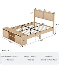 gaomon Full Rattan Bed Frame With Sliding Barn Door Storage Cabinets Led Headboard Boho Platform Solid Wood No Box Spring