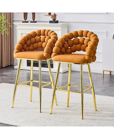 Streamdale Furniture Streamdale Set of 2 Orange Velvet Bubble Bar Stools with Gold Legs