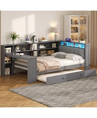 Streamdale Furniture Twin Wood Platform Bed with Storage, Trundle, Charging Ports, Led Lighting, and Desk Headboard