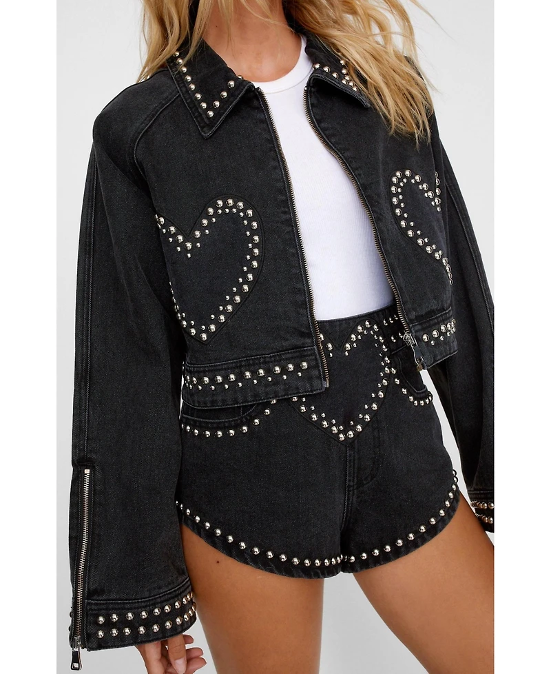 Nasty Gal Women's Heart Studded Cropped Denim Jacket