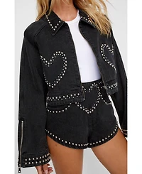 Nasty Gal Women's Heart Studded Cropped Denim Jacket