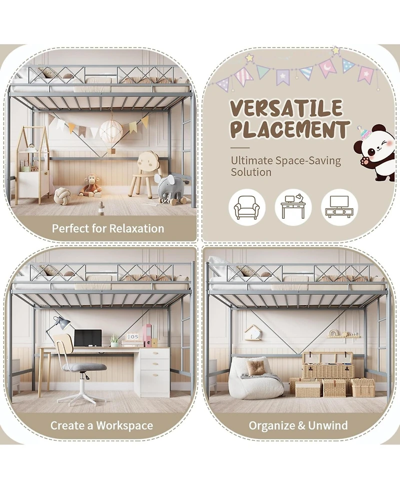 gaomon Twin Loft Bed, Heavy Duty Metal Frame with Arched Guardrail, Flat Ladder Rung, and Steel Slat Support, No Box Spring Required