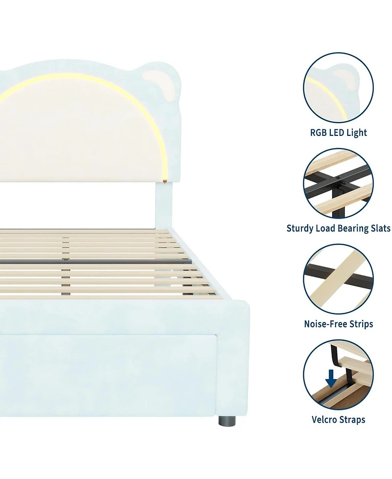 gaomon Twin Xl Upholstered Bed Frame Adjustable Headboard and Smart Led Platform Storage Drawer Wood Slats No Box Spring