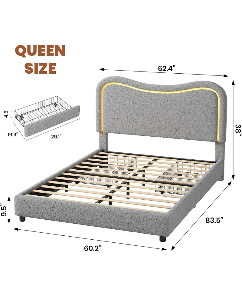 gaomon Boucle Upholstered Queen Bed Frame with Headboard Soft Cloud Bed Thick Footboard Rounded Corners No Box Spring