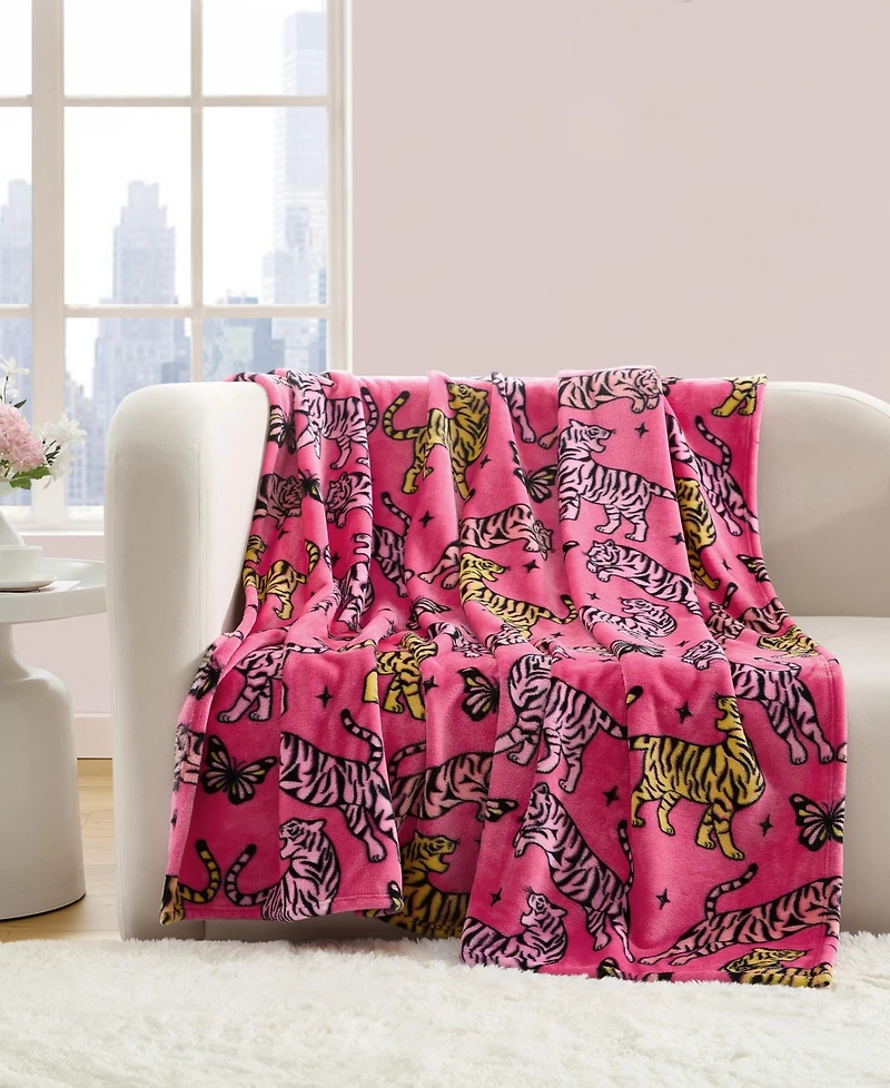 Betsey Johnson Butterfly Tiger Printed Plush Throw, 70" X 50"