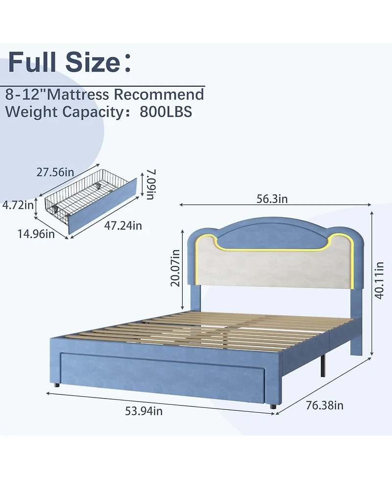 gaomon Full Size Upholstered Bed Frame with Led Lights, Fabric Headboard, Princess Platform Bed, Wood Slats, No Box Spring with Drawer