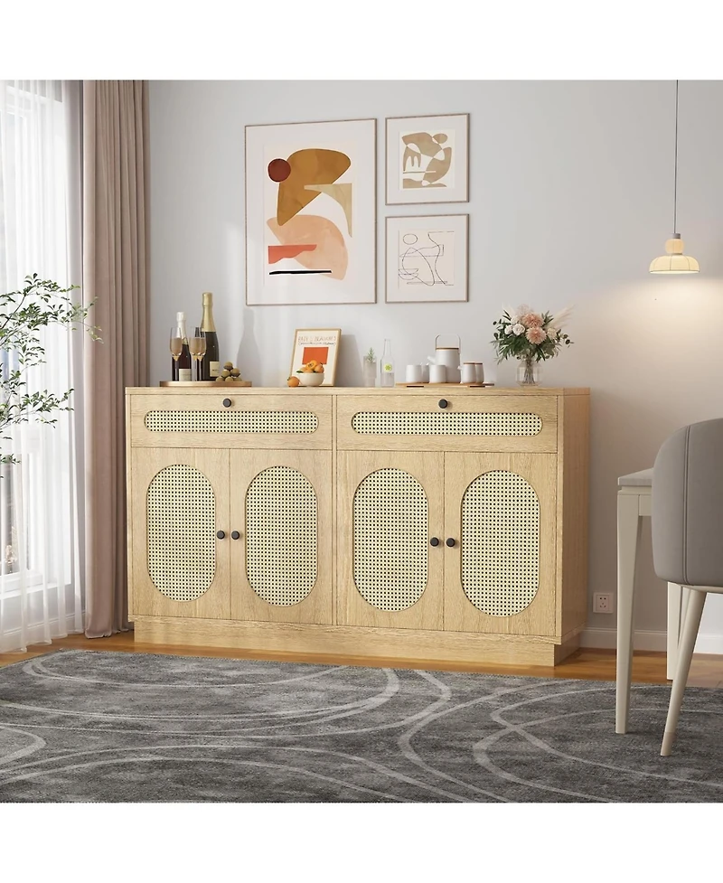 gaomon Rattan Sideboard Cabinet with Adjustable Shelves, Buffet with 2 Drawers and 4 Rattan Doors for Dining Room