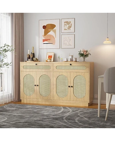 gaomon Rattan Sideboard Cabinet with Adjustable Shelves, Buffet with 2 Drawers and 4 Rattan Doors for Dining Room