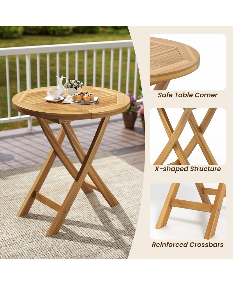 Gymax Patio Teak Wood Dining Table 27.5'' Round Side Table w/ Slatted Tabletop