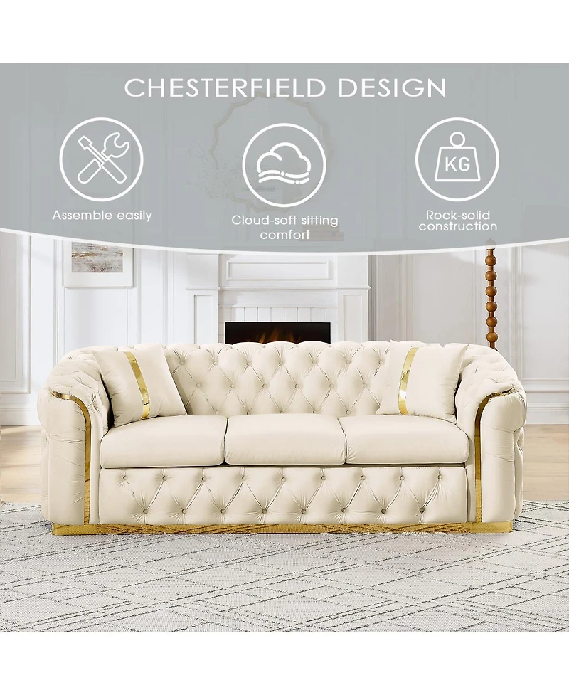 Streamdale Furniture 2PCS 90.6" Velvet Button Tufted Sofa Couch w/ 2 Pillows, 3 Seater Chesterfield Sofa Set