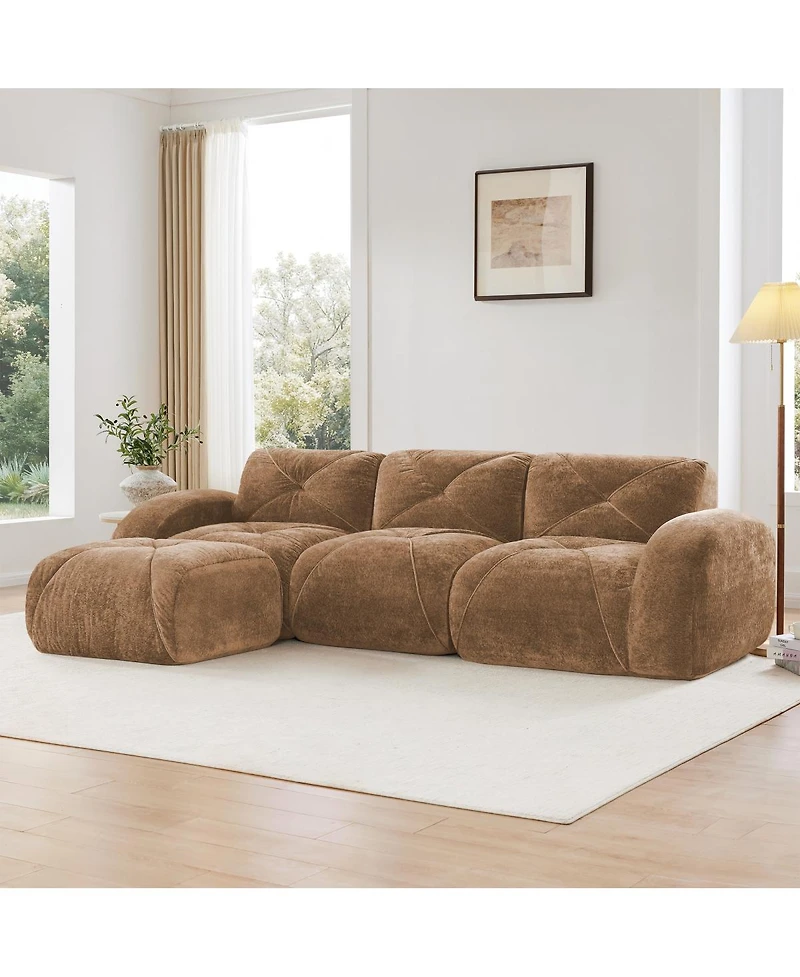 Streamdale Furniture Camel L-Shaped Velvet Sofa with Tufted Design, Ergonomic, High-Density Sponge, No Assembly