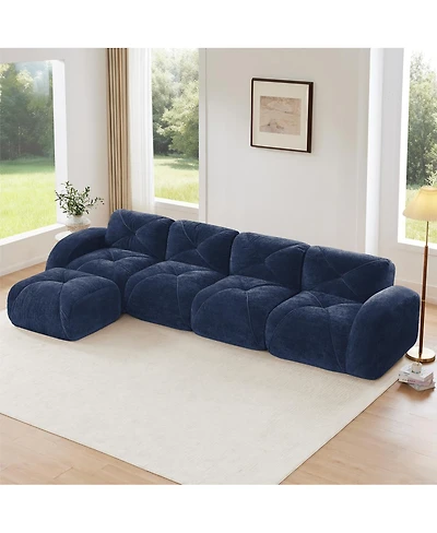 Streamdale Furniture L-shaped Velvet Tufted Sofa with Movable Ottoman