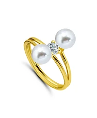 Macy's 1/3 Cttw 4mm Round Cubic Zirconia Center Stone 6mm + 5mm Imitation Pearl on Bypass Band Ring